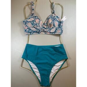 NWT Cupshe Paisley in Blue and Pink High Waist Bikini Size Small